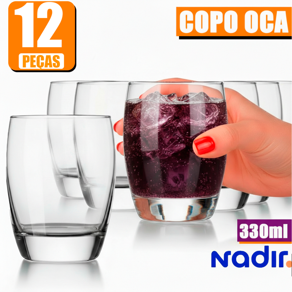 Kit jogo de Copos De Vidro Oca Com12 Peças 330ml Resistente da Nadir Suco Refrigerante e Drinks