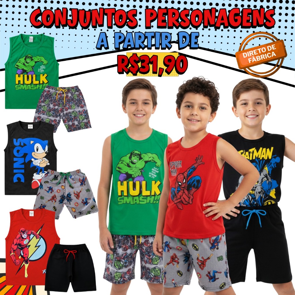 KIT 8 PEÇAS CONJUNTO SUPER HERÓIS+Brinde um par de meias/Obs: informação na descrição. em Oferta na Shopee