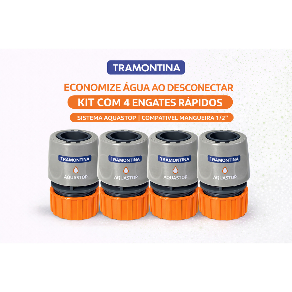Kit 4 Engates Rápido Aquastop Tramontina 1/2" Mangueira Jardim Conector Stop Água Torneira