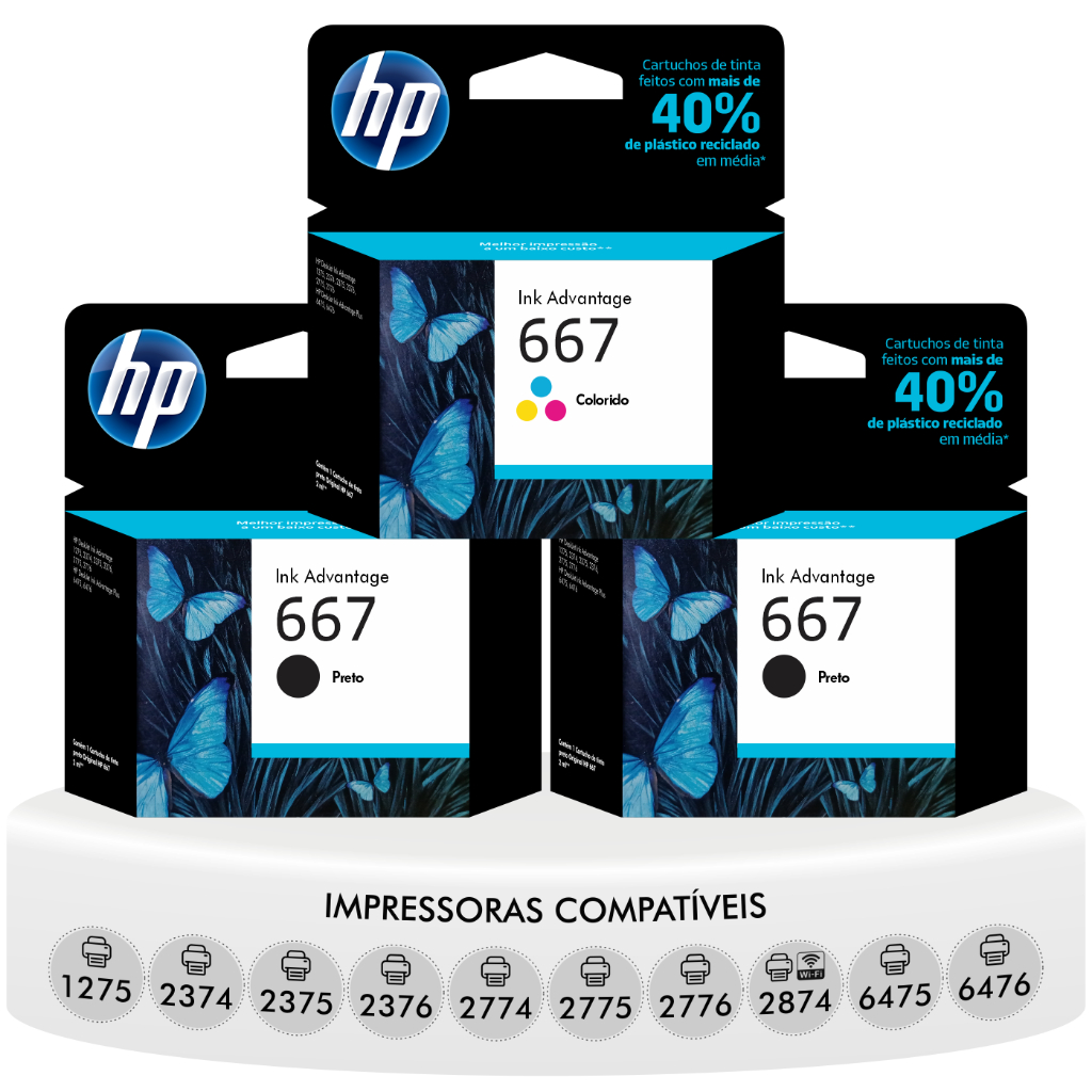 Kit 3 Cartuchos Tinta HP 667 Original Preto Color Impressoras 1275 2374 2375 2376 2775 2776 6475