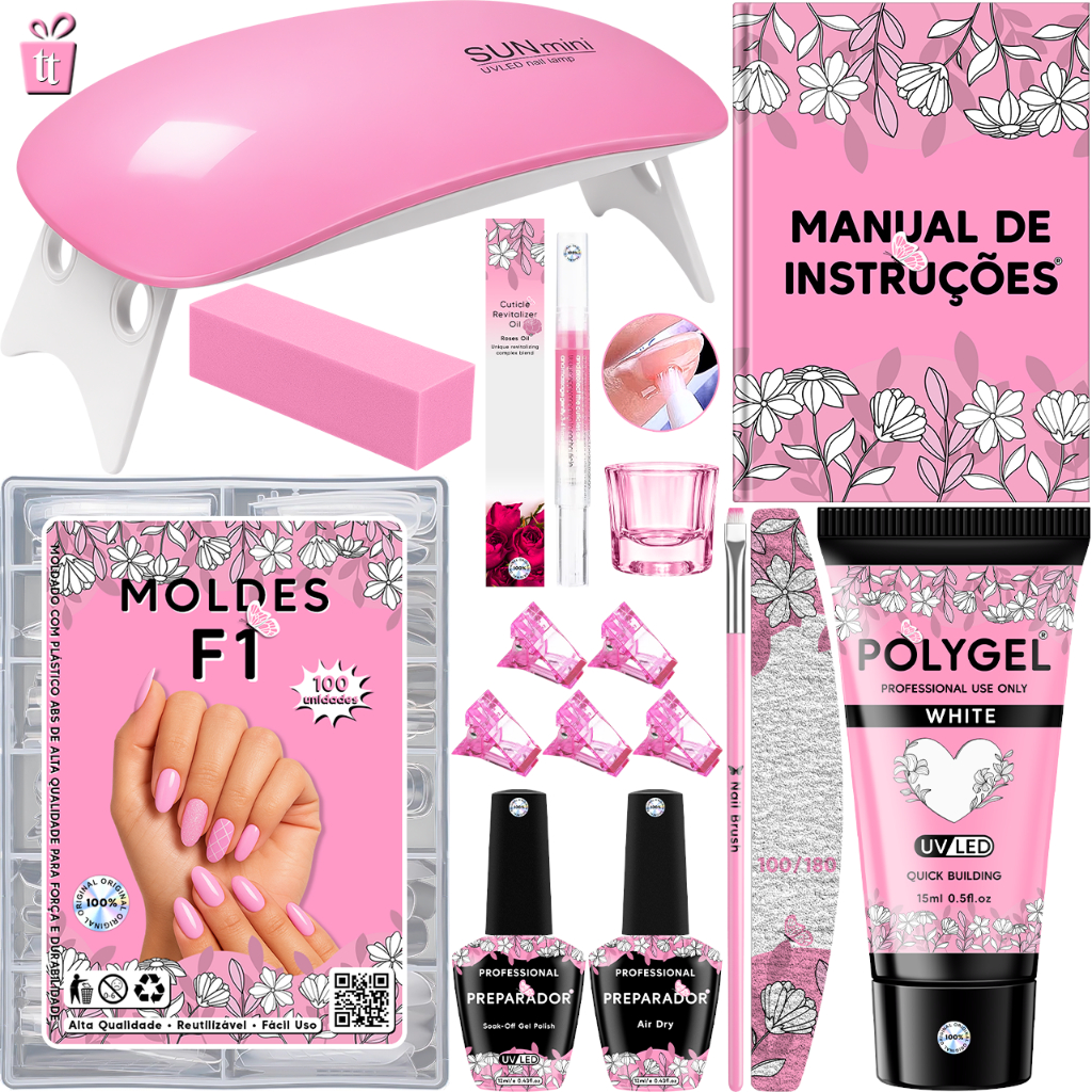 Kit Alongamento De Unha Polygel Cabine Estufa Sun Mini 6w + Top Coat + Primer + 100 Moldes F1Gel/Acrigel/Porcelana