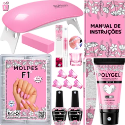 Kit Alongamento De Unha Polygel Cabine Estufa Sun Mini 6w + Top Coat + Primer + 100 Moldes F1Gel/Acrigel/Porcelana