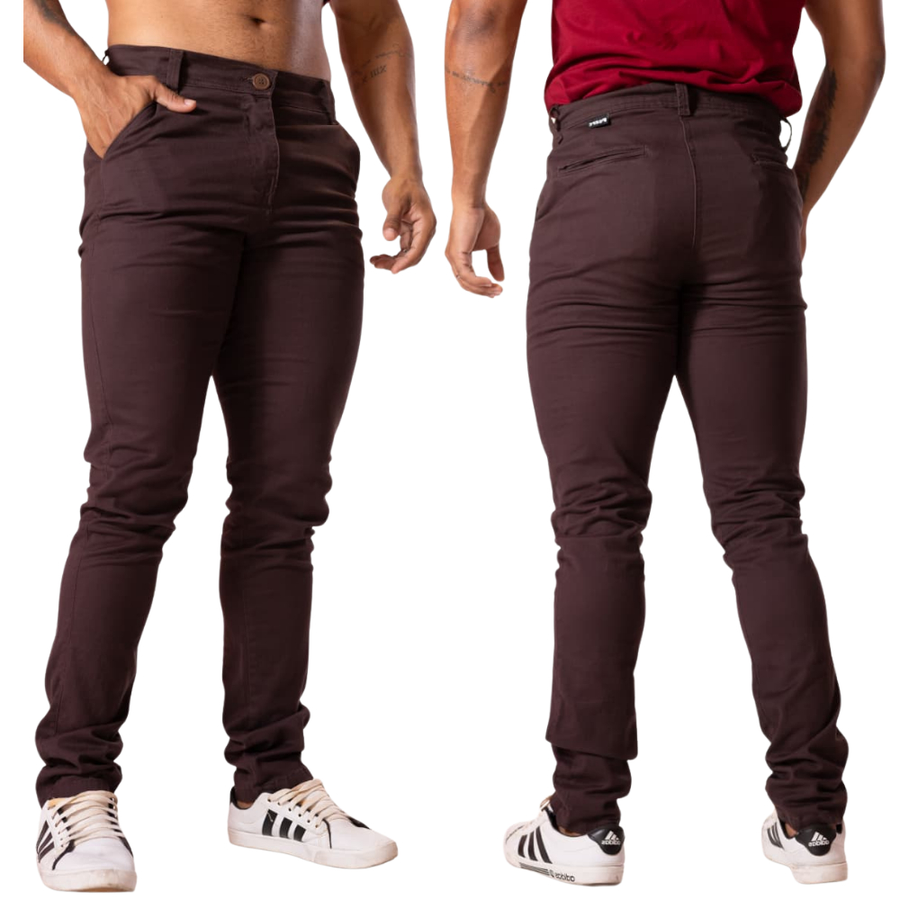 Calças Sarja Masculina Esporte Fino Social Com Elastano Lycra Slim Bolso Embutido Funcional Marron