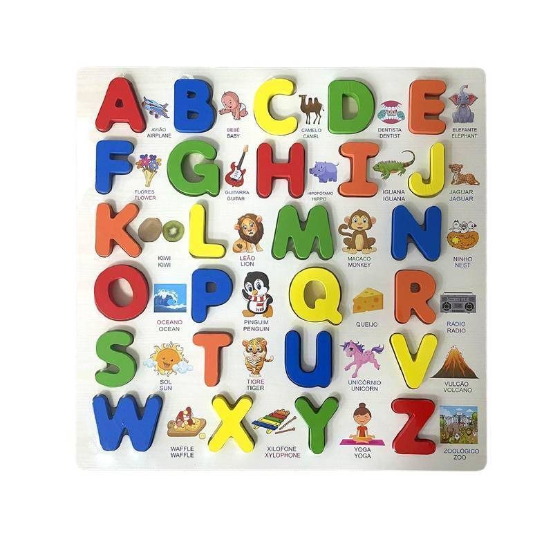 Brinquedo Educativo de Madeira - Alfabeto com encaixe e imagens Português e Inglês em Oferta na Shopee