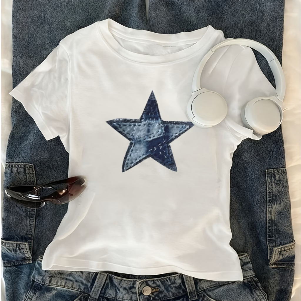 Blusa Feminina Algodão Baby Look Estrela Jeans Patchwork Retro Vintage Aesthetic