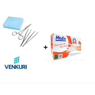 Kit Curativo Venkuri + Campo Estéril 40x40 + 3 Pinças Inox + Luvas Medix Vinil, Azul Com ou Sem Pó