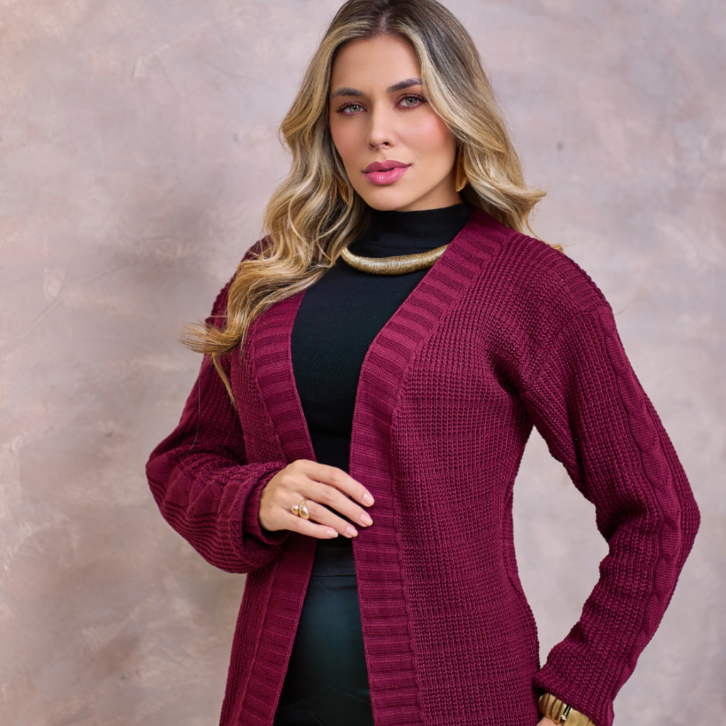 Cardigan Inverno Feminino Tricot com Tranças na Manga Kimono Trico Casaco Longo Lançamento Elegante