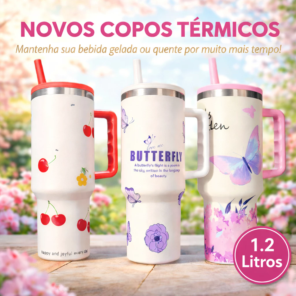 Garrafa Térmica Inox 1200mL 1.2L Com Canudo Copo Caneca Térmica Estampado Protetor Anti-vazamento