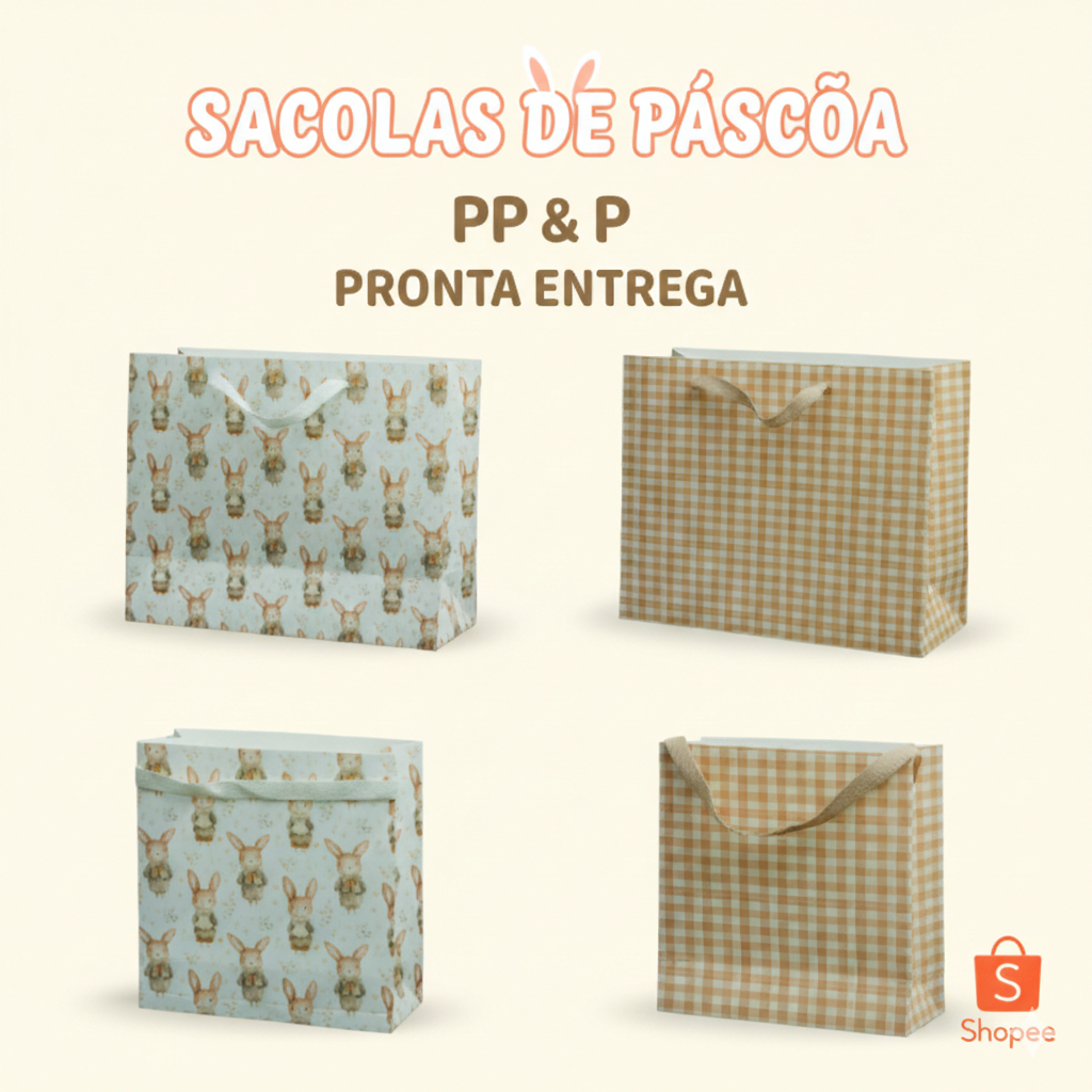 Cesta Sacola de Páscoa com Alça PP eP  Embalagem para Presentes, Chocolates e Lembrancinhas Pacote 50 uni.