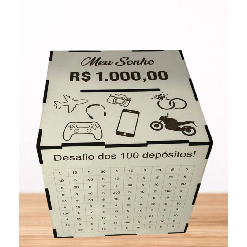 Cofre Desafio 100 Depósitos MDF  Meta 1.000 5.000 10.000 20.000  Caixa Para Guardar Dinheiro Presente Criativo