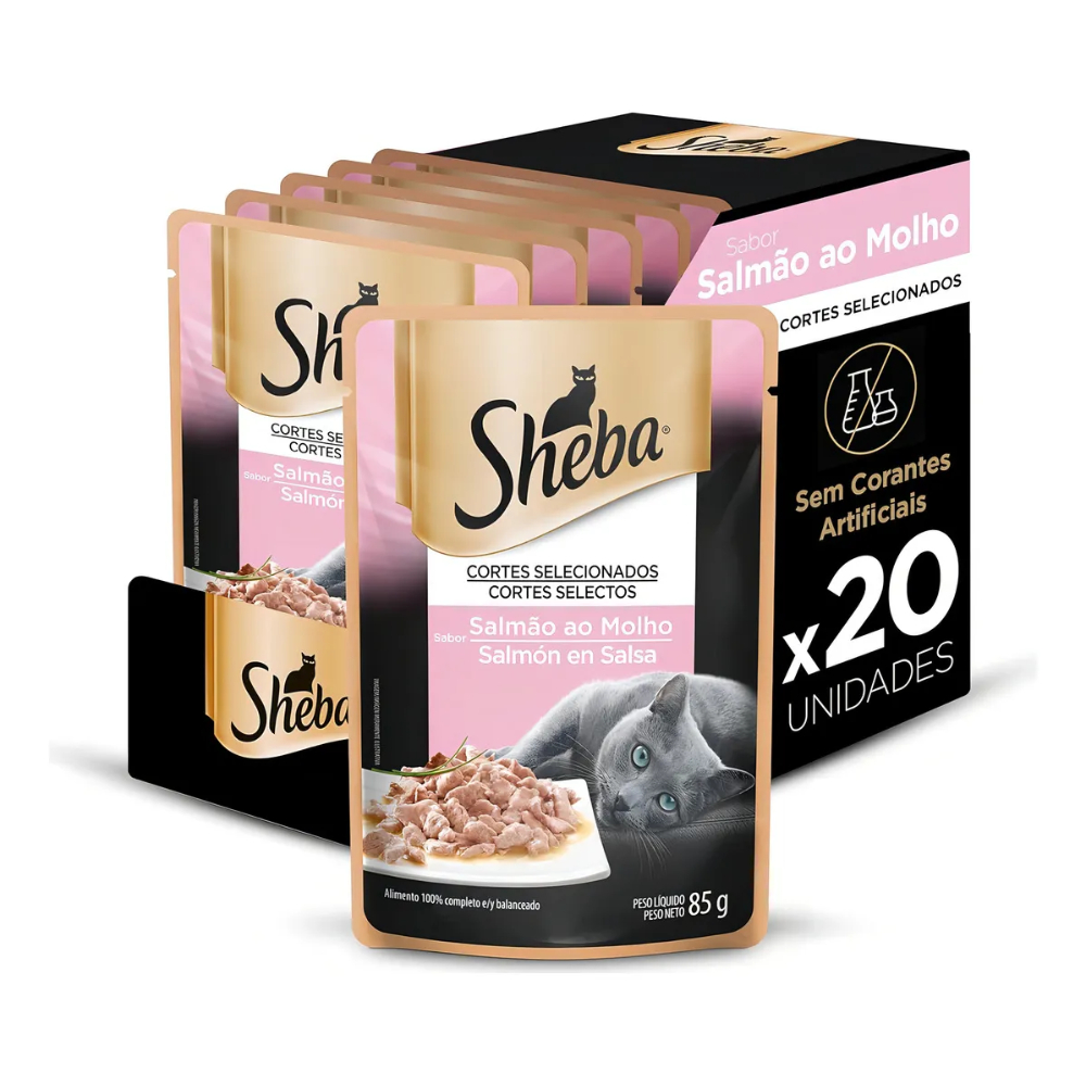 Kit Ração Úmida para Gatos Adultos Sabor Salmão ao Molho 20 Unidades Sheba Sachê