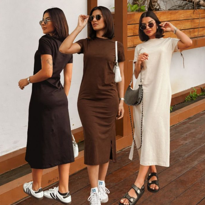 Vestidos feminino Algodão Manga Curta Com Fenda Lateral Versátil Estilo Blogueira Moda Evangélica