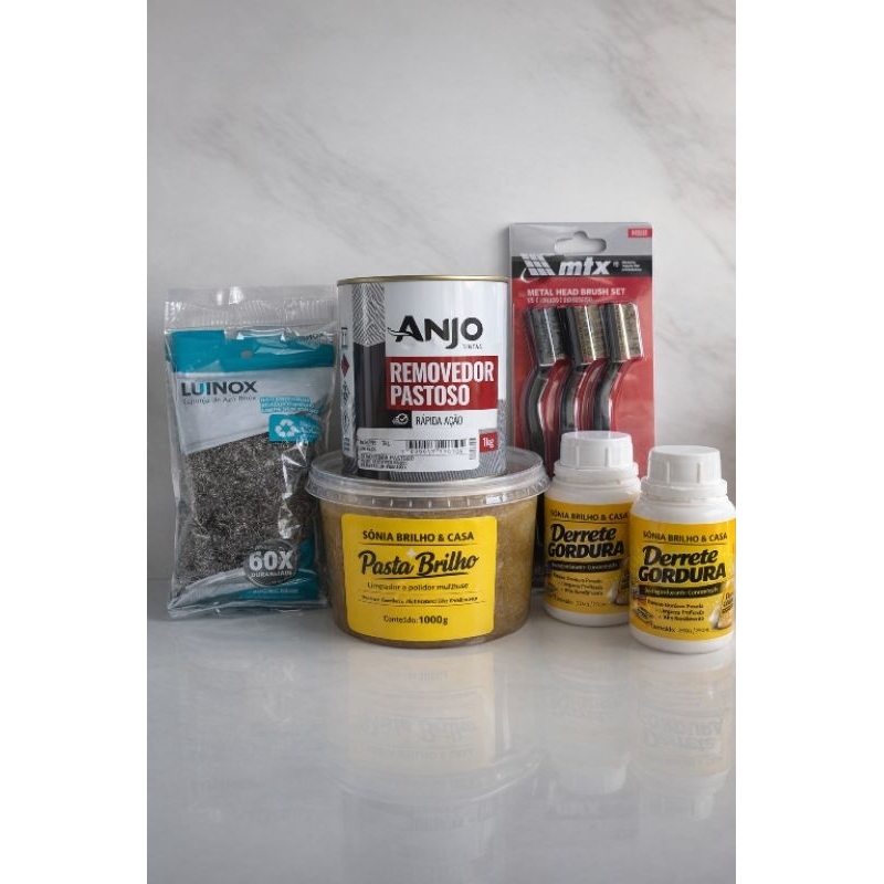 kits 2 derrete gordura,1 pasta brilho de 1 kg, 1 removedor pastoso,1 jogo de escovas,1 jogo de esponja de aço 3 unidade