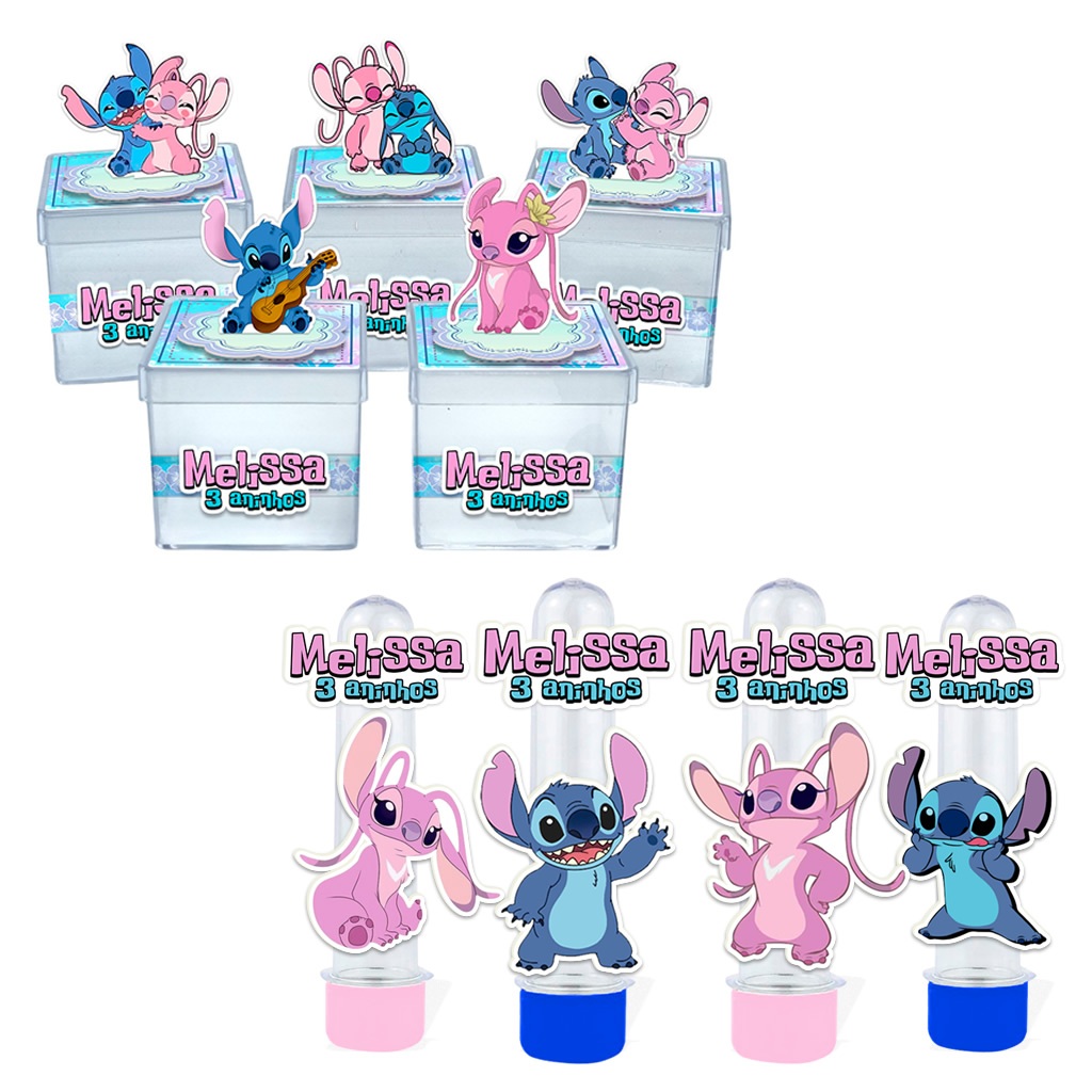 Kit de tubetes e caixa acrílica Stitch e Angel - Lembracinha Aniversário em Oferta na Shopee