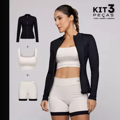 Kit Academia 3 Peças Top Alta Sustentação + Short Alta Compressão + Casaco zíper Fitness Feminino