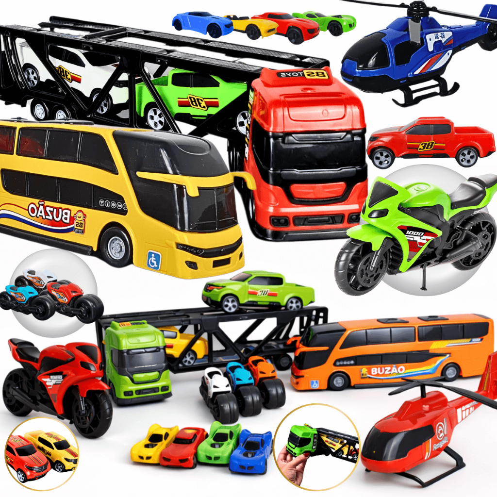Kit Carrinho Brinquedo Menino Caminhão 15 pçs Cegonha Completo Ônibus Motos Helicóptero