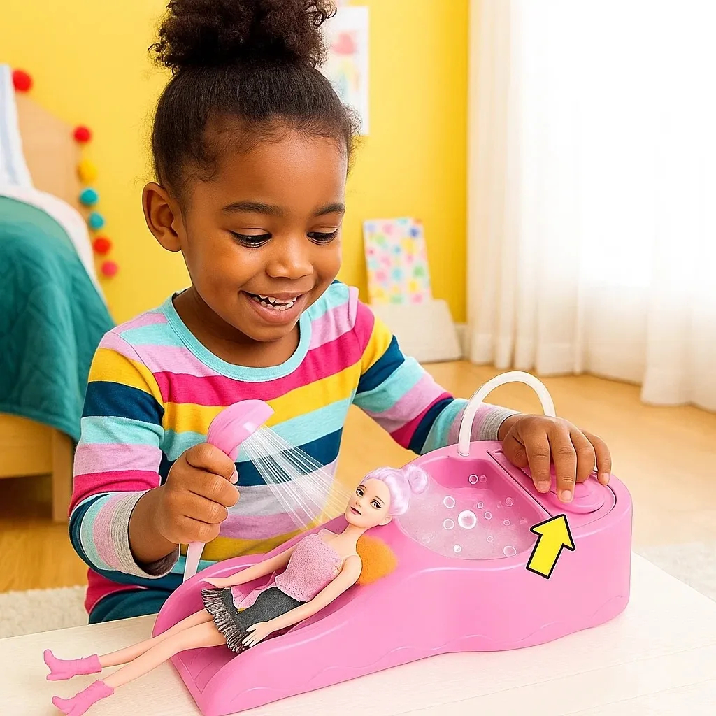 Kit Lavatório com Boneca de Salão Cabelereiro - Rosa Ducha sai água de verdade