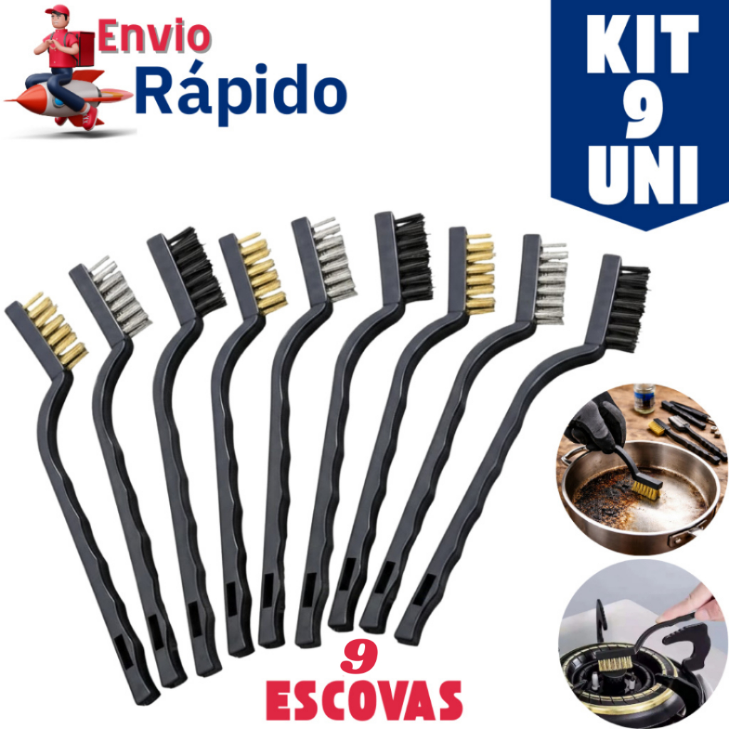 Kit 9 Escova Multiuso Cerdas Aço Nylon Latão Limpeza Pesada Ferrugem Grelha Oficina