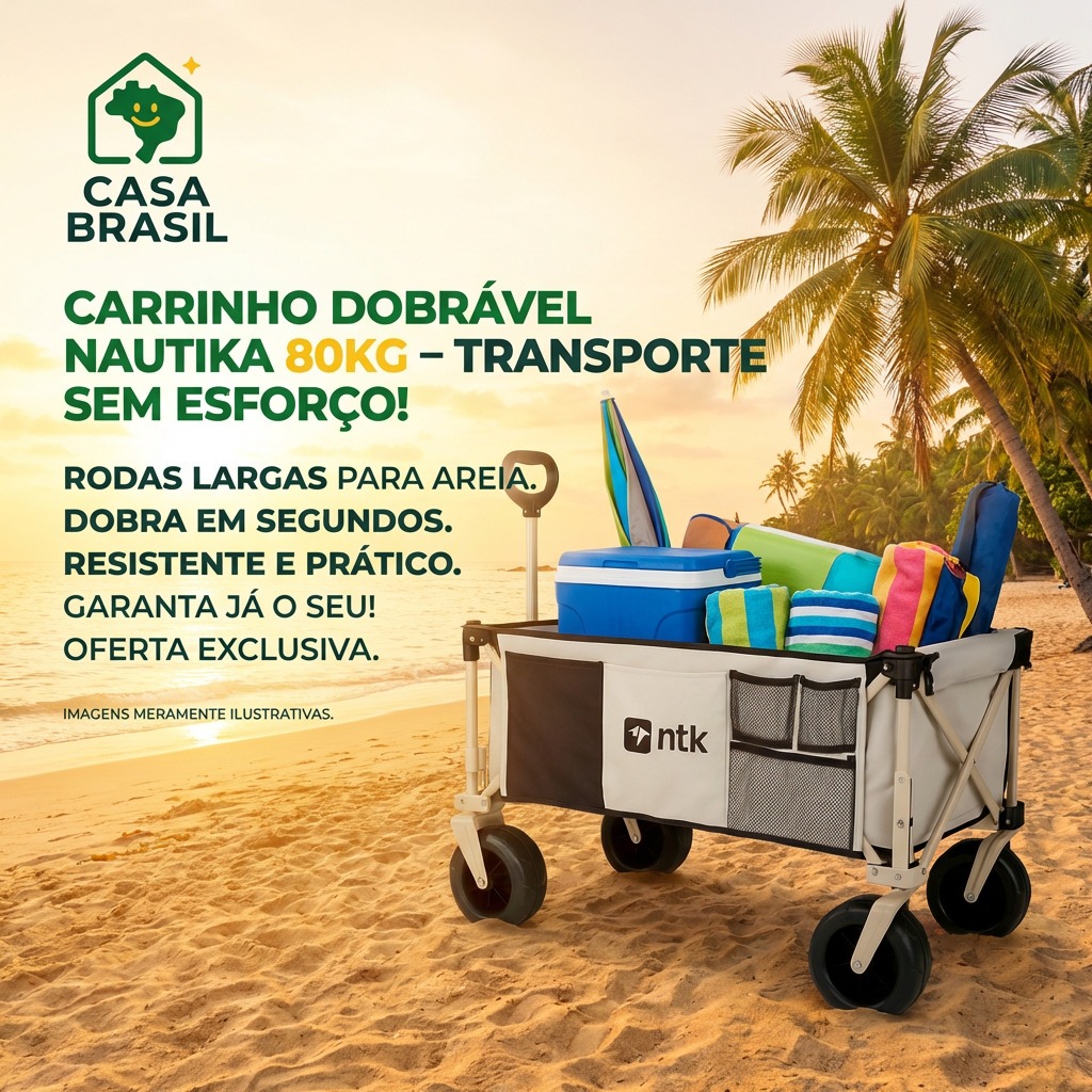 Carrinho De Mão Dobrável Nautika 80kg Camping Praia Carga Transporte Prático Rodas Reforçado Bege