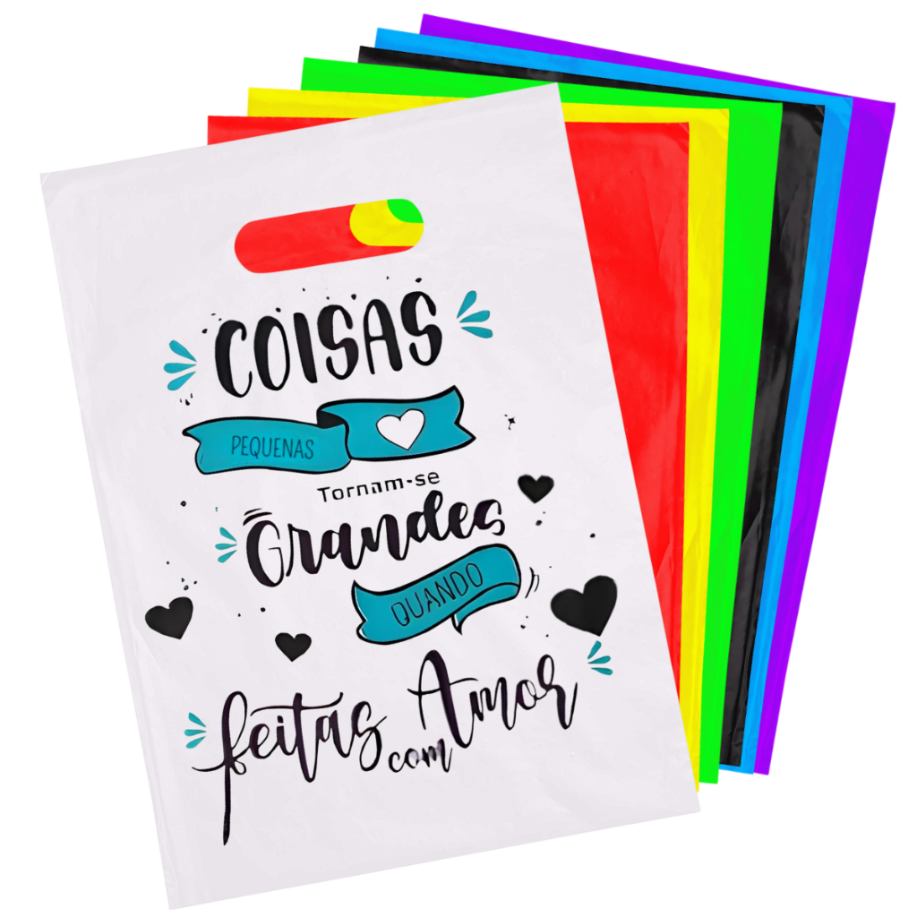Kit 100 Un Sacolas Plásticas 30x40 Estampada Feitas Com Amor Boca de Palhaço