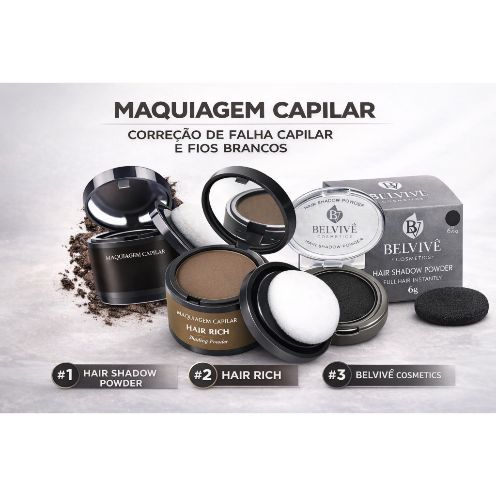 Maquiagem Capilar em Pó 🖤 Disfarça Falhas, Volume Instantâneo, Uso Temporário