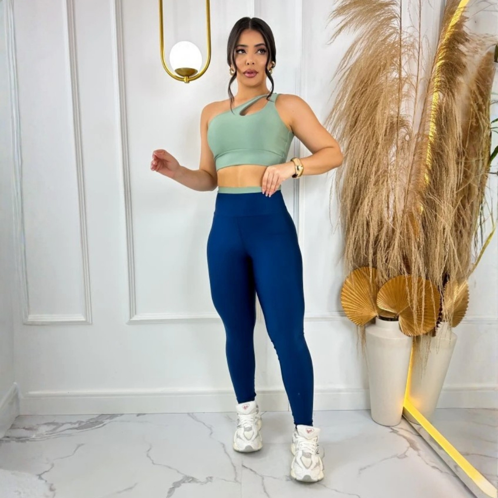 Conjunto calça e top premium academia com bojo removível feminino zero transparência fitness