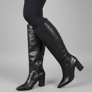 Bota Feminina Cano Longo croco Salto Alto Bloco Grosso em Oferta na Shopee