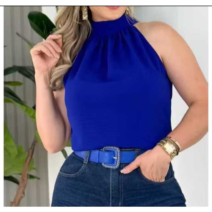 blusa feminina estilosa com gola alta elegante em Oferta na Shopee