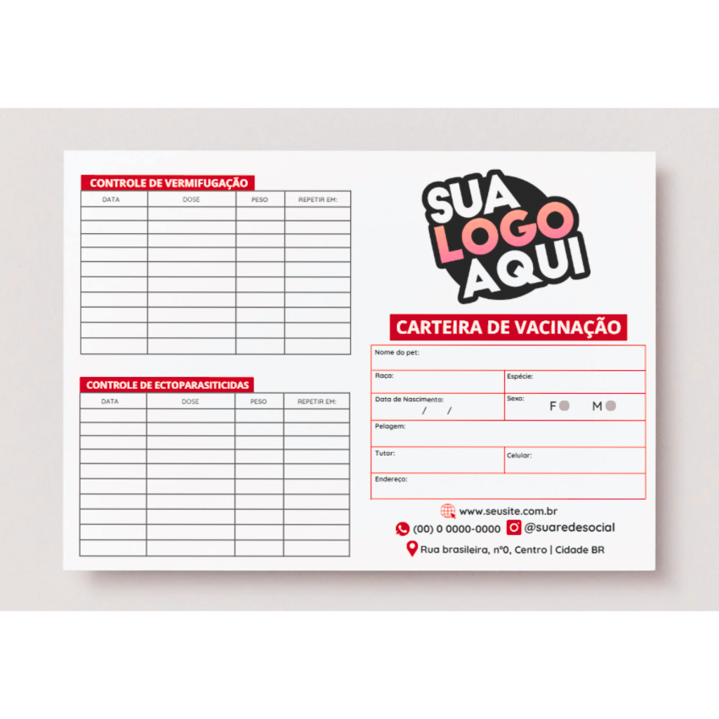 Carteiras de Vacinação Pet Personalizadas 8 Páginas | Para Clínica Veterinária e Pet Shop, 30, 60 e 120 unidades
