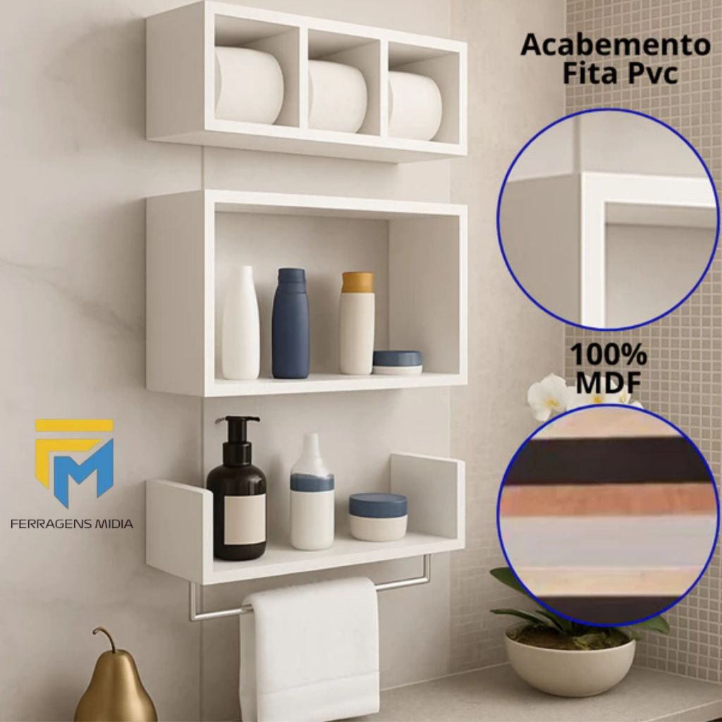 Kit 3 Nichos triplos Prateleiras para Banheiro Organizador em Preto ou Branco 100% Mdf