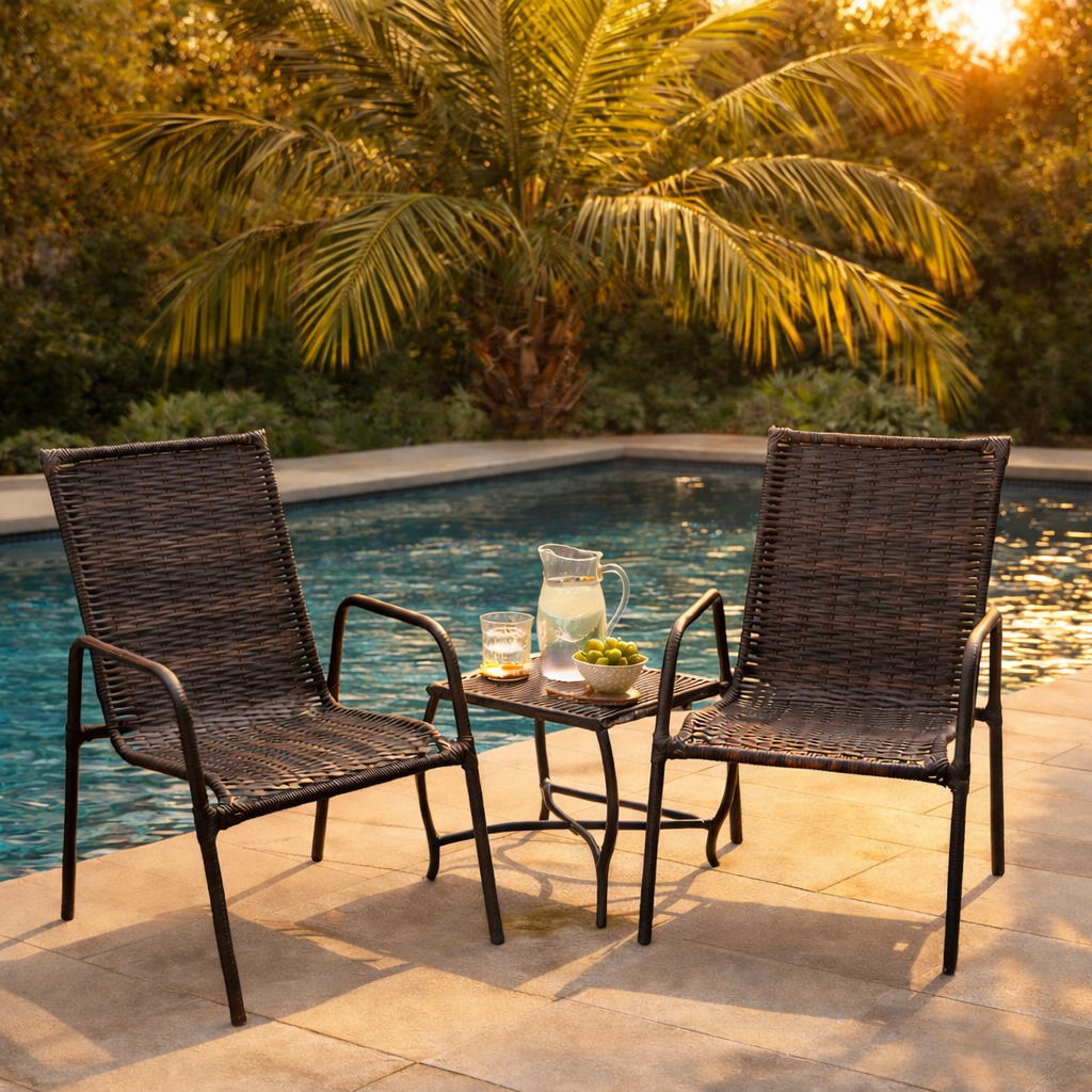 Kit Cadeira Área Externa Com Mesa Fibra Junco Jardim Varanda Piscina Resistente a Sol e Chuva