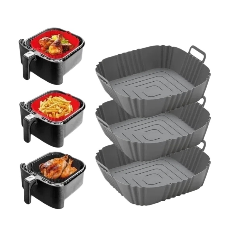 Forma de Silicone Quadrada para Air Fryer, Cesta Reutilizável Antiaderente com Alças