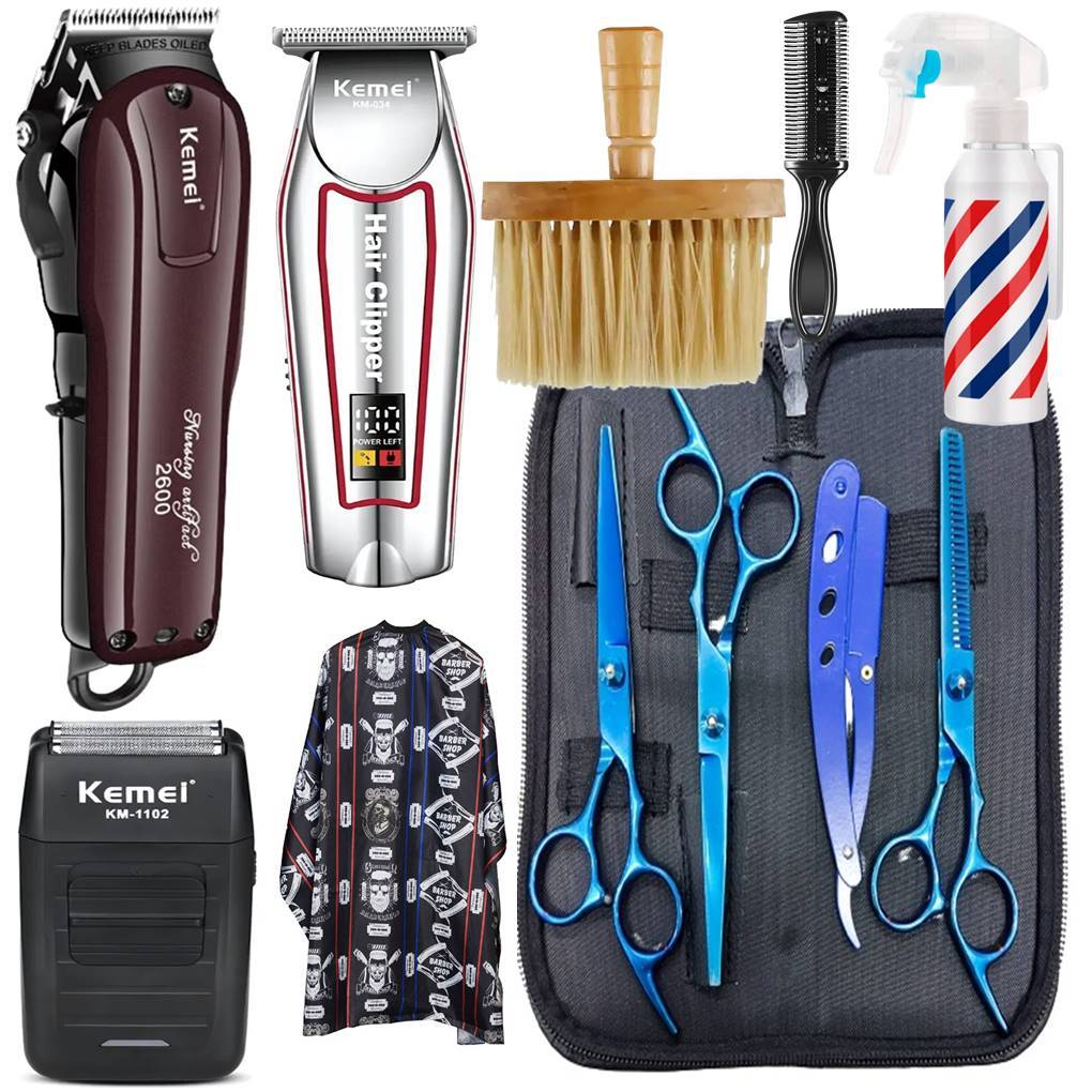 Kit Maquinas de Cortar Cabelo + Kit Tesouras Profissionais Para Barbeiro  Borrifador Capa Maquinas  KM 1102 KM2600 KM034 em Oferta na Shopee