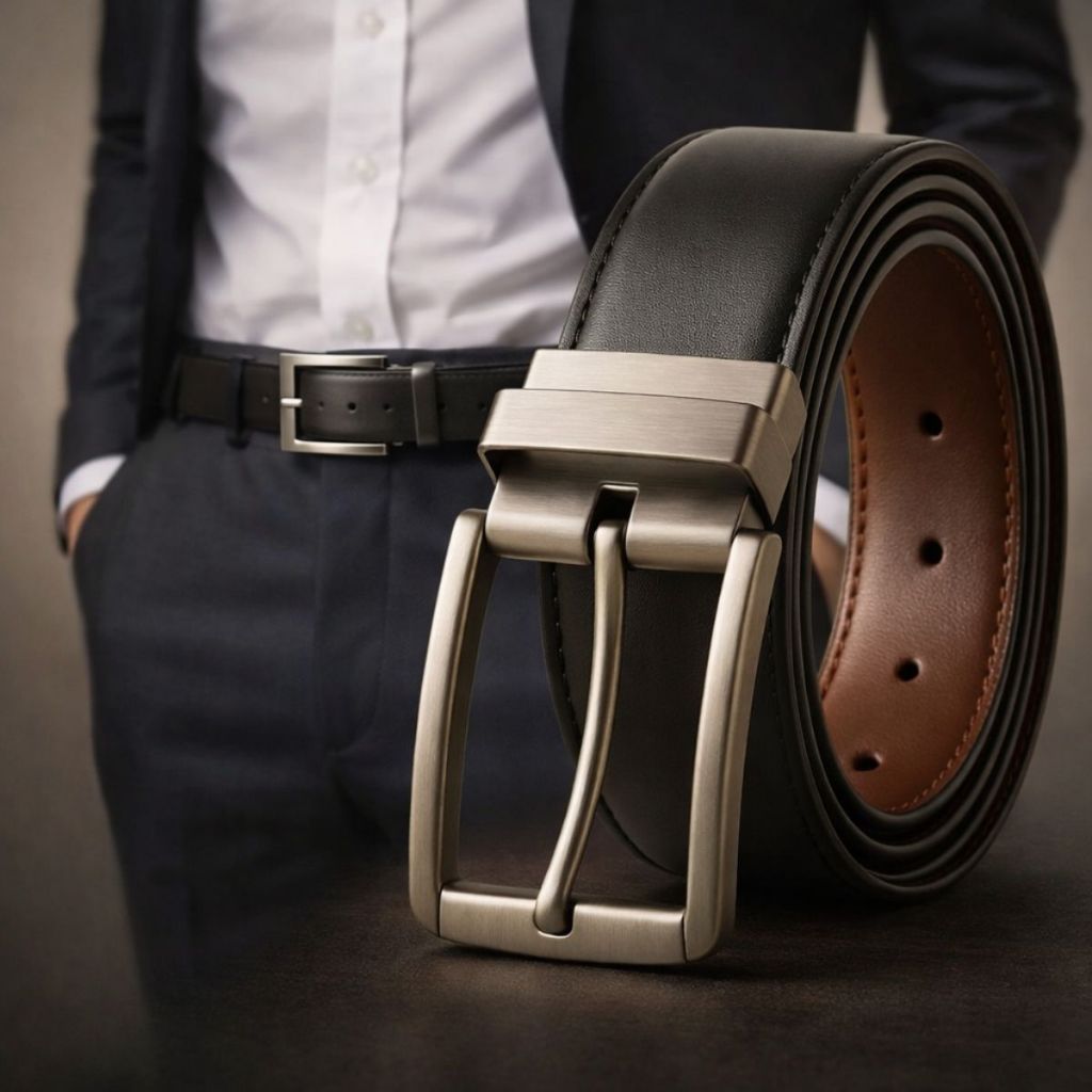 Cinto Dupla Face Masculino Couro Preto Marrom Fivela Giratória Elegante Social Casual