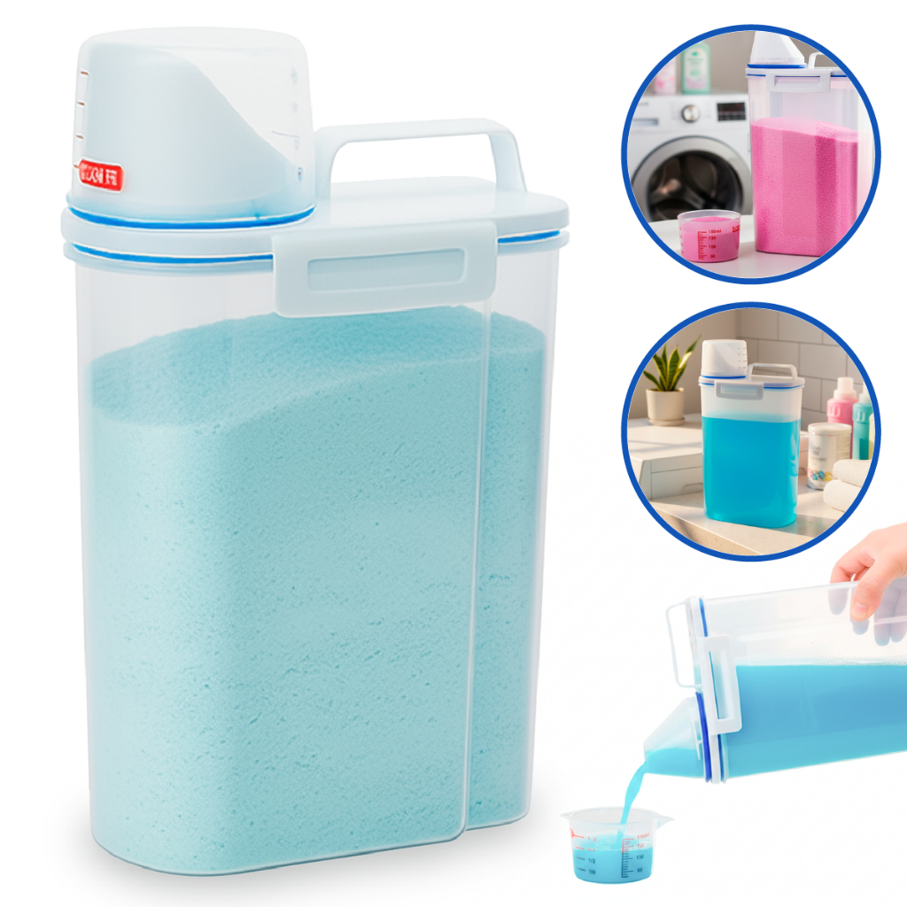 Dispenser Organizador Lavanderia 2 litros Pote Hermético Copo Dosador (AMACIANTE, SABÃO EM PÓ, SABONETE LÍQUIDO)