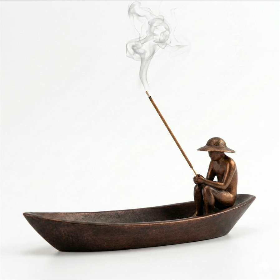 Imagem Porta Incenso Pescador Águas Calmas Decoração Zen Canoa Relaxamento - Decoração Calma e Minimalista