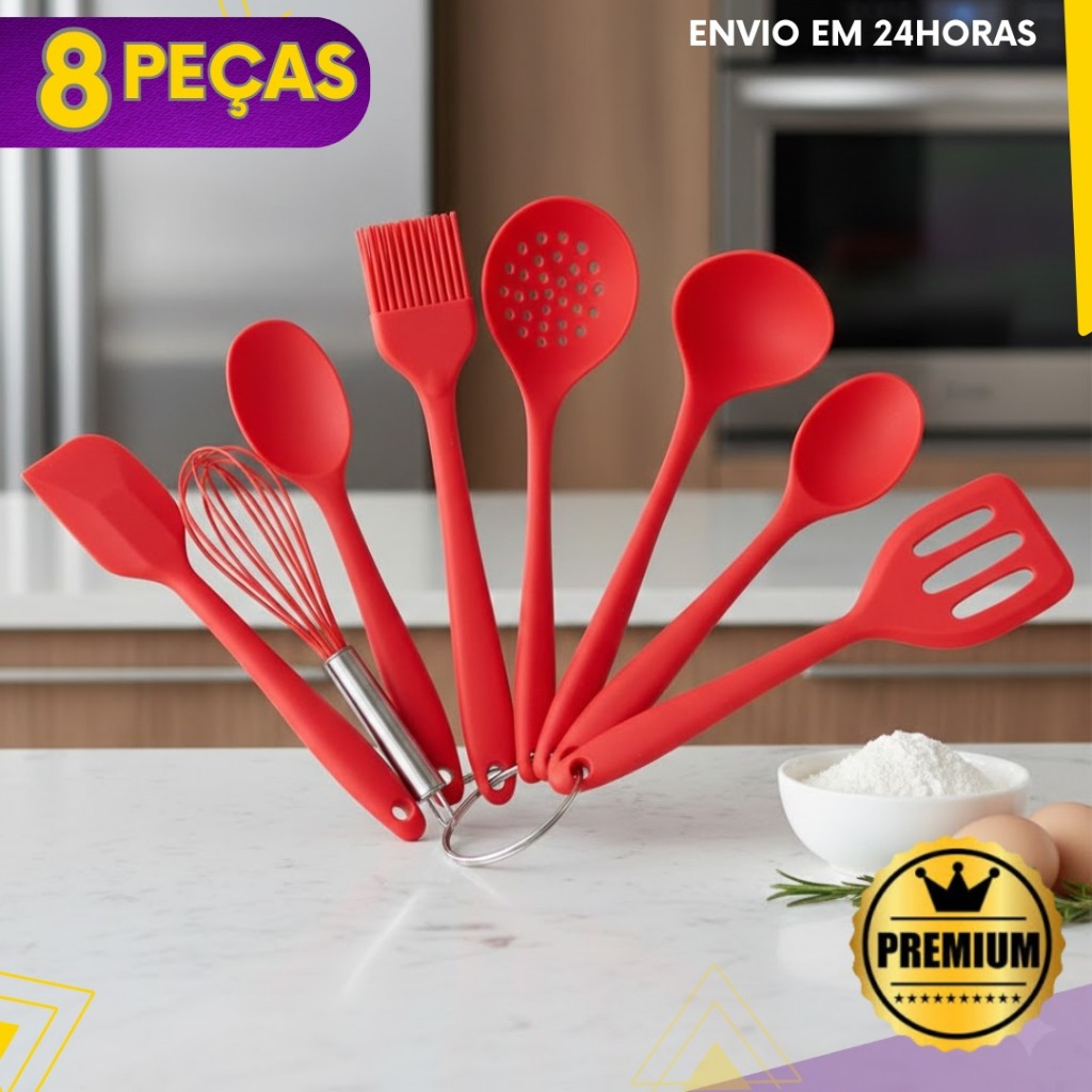 Jogo De Utensílios P/ Cozinha De Silicone 8 ou 4 Peças - Não Risca Panela Antiaderente