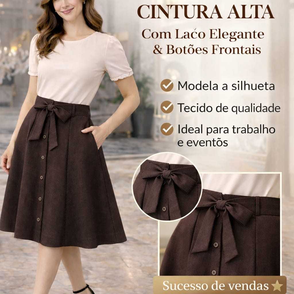 Saia Midi Feminina Evasê Cintura Alta com Bolso e Botões | Saia Evangélica Social Elegante Forrada com Zíper Lateral em Oferta na Shopee