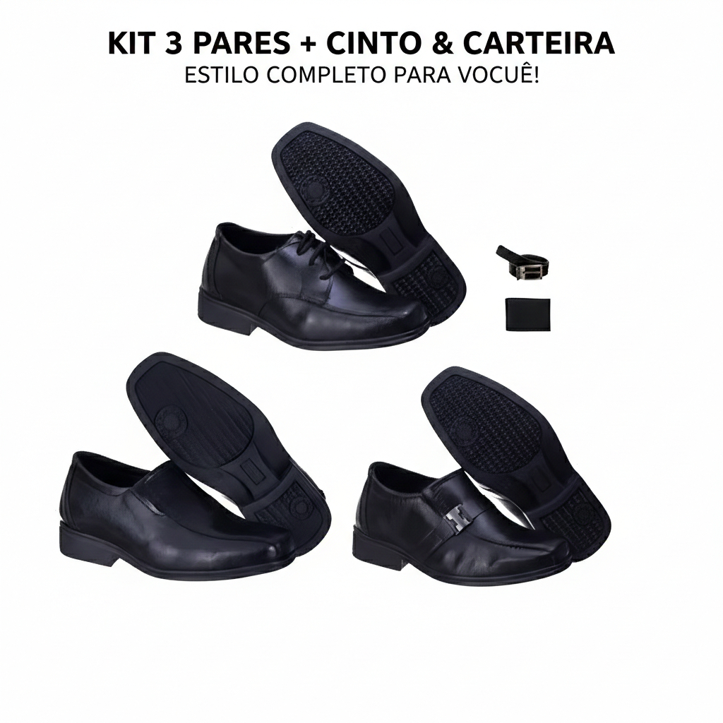 Kit 3 Pares Sapato Social Infantil + Cinto (adulto) + Carteira