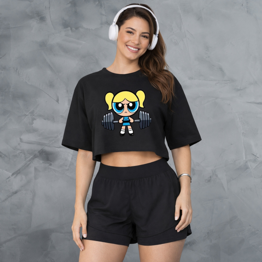 Cropped Feminino Para Treino Look de Academia Camiseta Basica Estampada Menina Super Poderosas