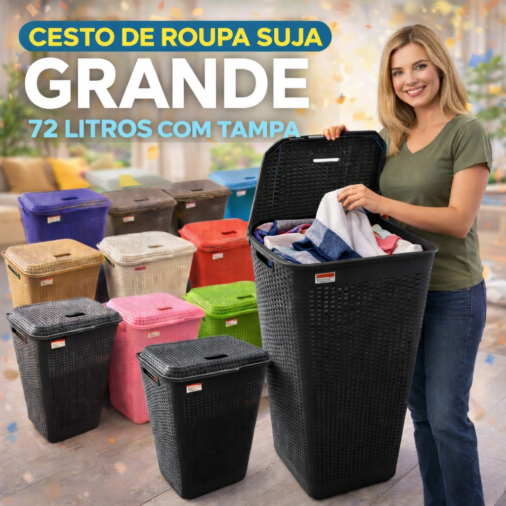 Cesto De Roupa Suja Grande 72L Resistente Lavanderia Tampa Organizador Roupas Banheiro Família