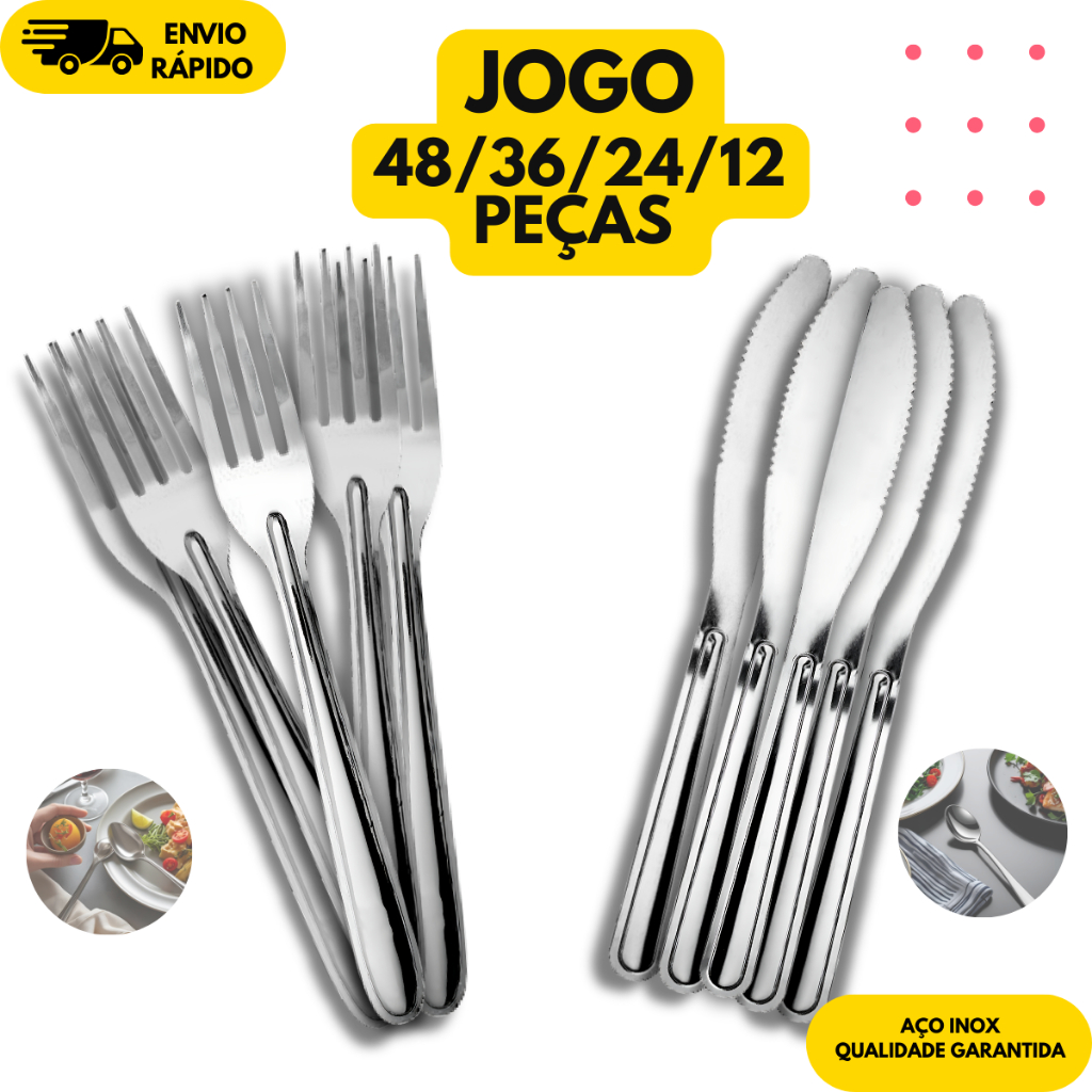 Kit Jogo de 48/36/24/12 Talheres Garfo e Faca Aço Inox Cozinha Jantar Restaurante Buffet Bar