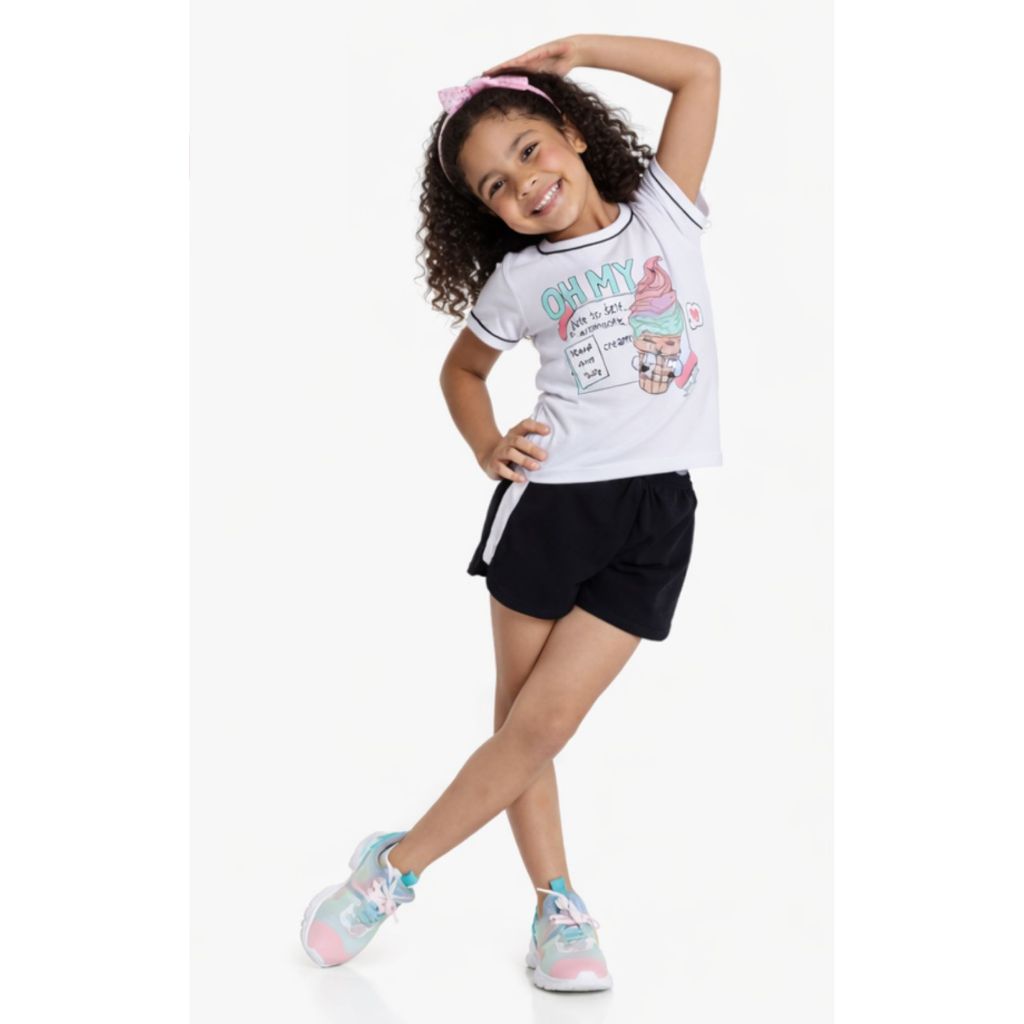 Conjunto Infantil Feminino Blusa M/Malha e Short Moletinho Moda Verão Estampa Sorvete Menina