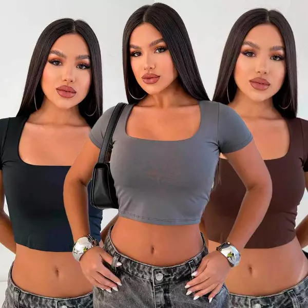 Cropped Gola Quadrada Decote Feminino Manga Curta Básico Suplex Tamanho Unico