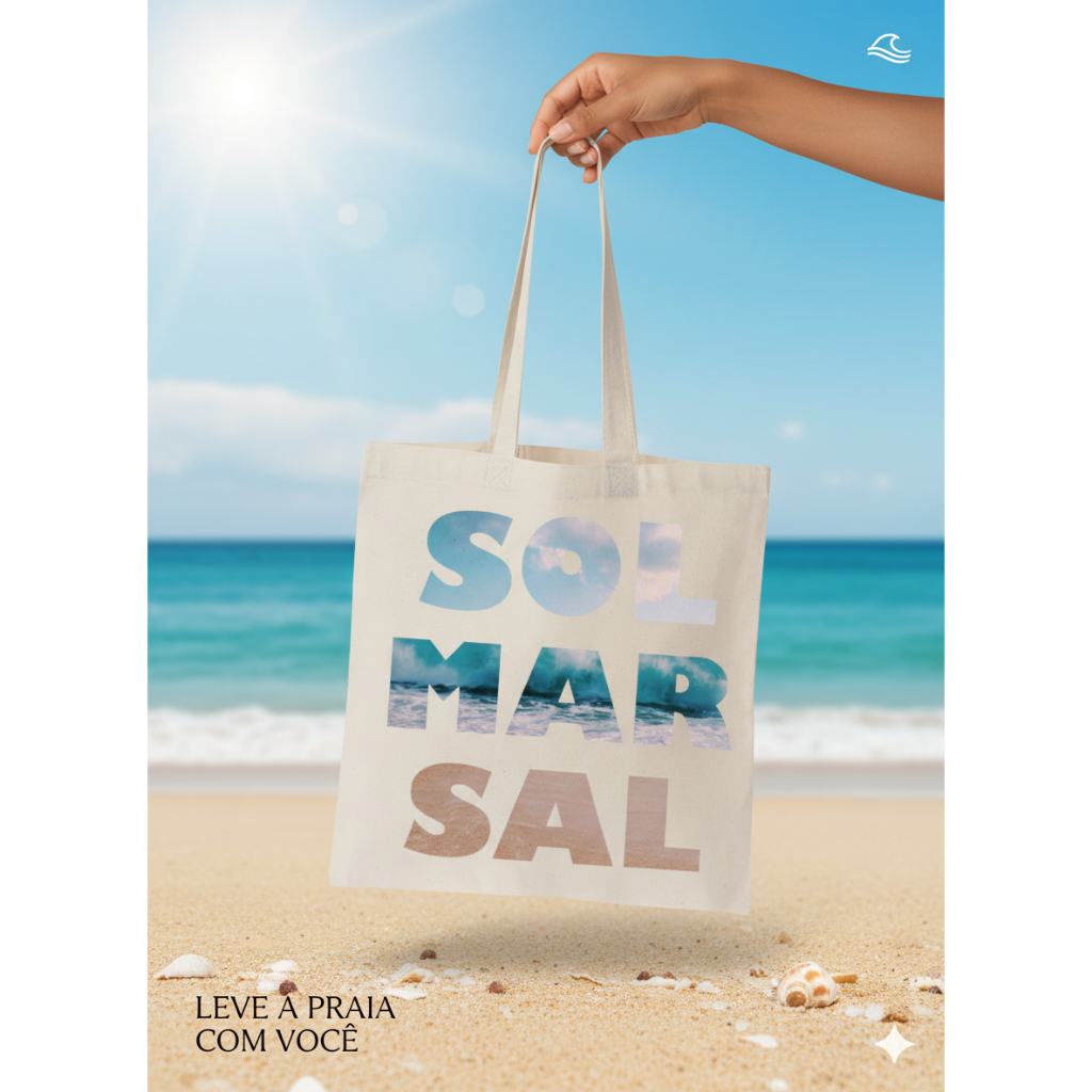 Bolsa de Praia Ecobag Estampada Sol Mar Sal | Bolsa Tote Bege Sustentável Algodão Cru