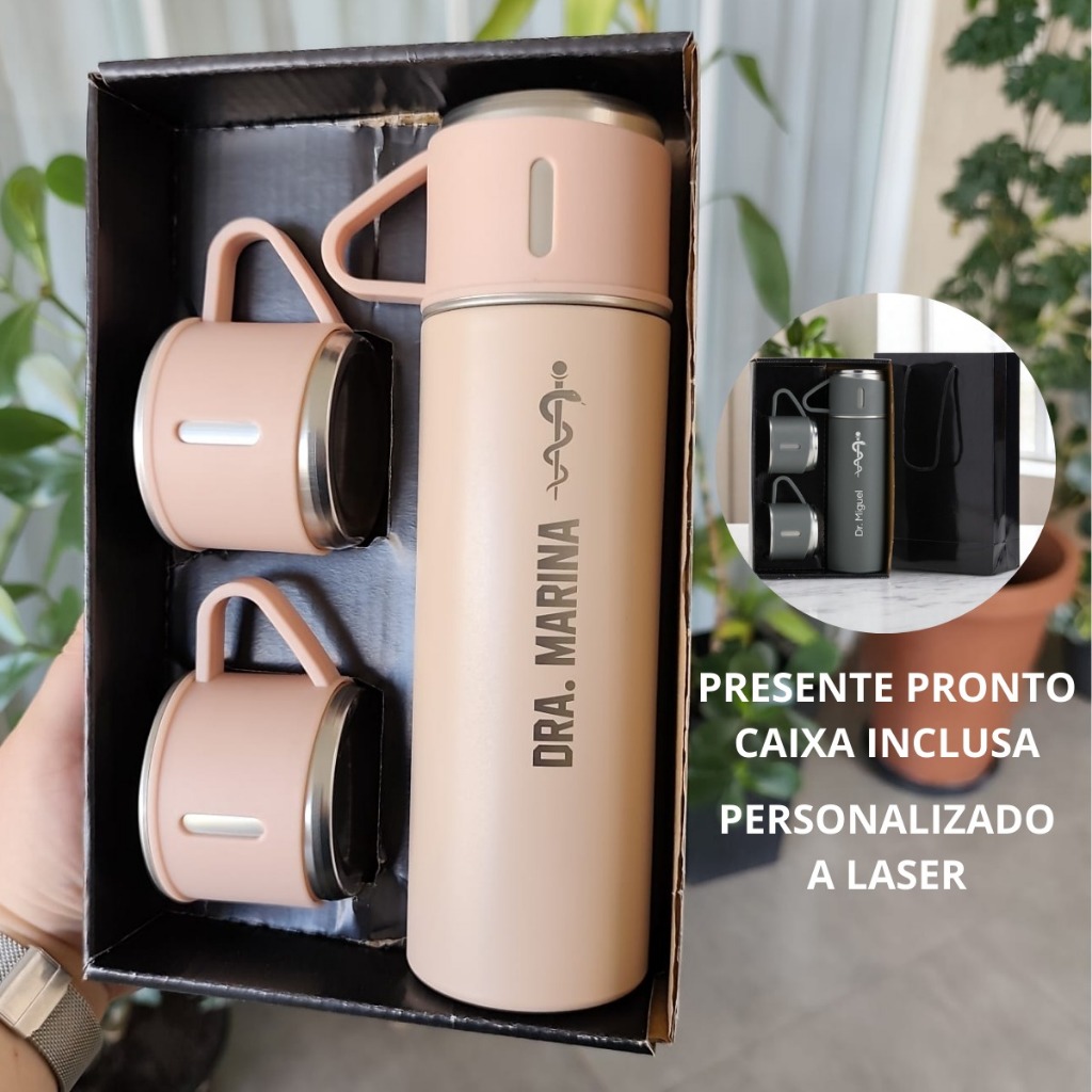 Kit Café Térmico Personalizado Garrafa 450ml + 2 Xícaras presente pronto profissões em Oferta na Shopee