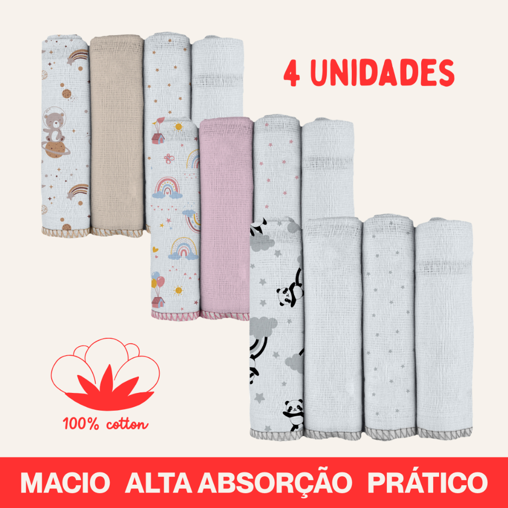 Kit Pano Paninho de Boca 4 unidades 100% Algodão Bublim Incomfral em Oferta na Shopee