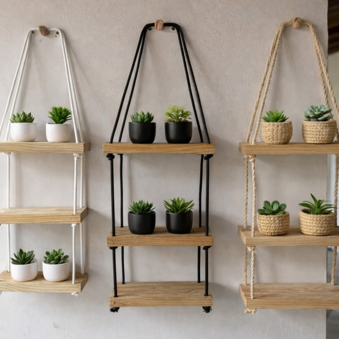 Estante Decorativa Prateleira de Madeira Suspensa com Cordas Nicho Decorativo em Oferta na Shopee