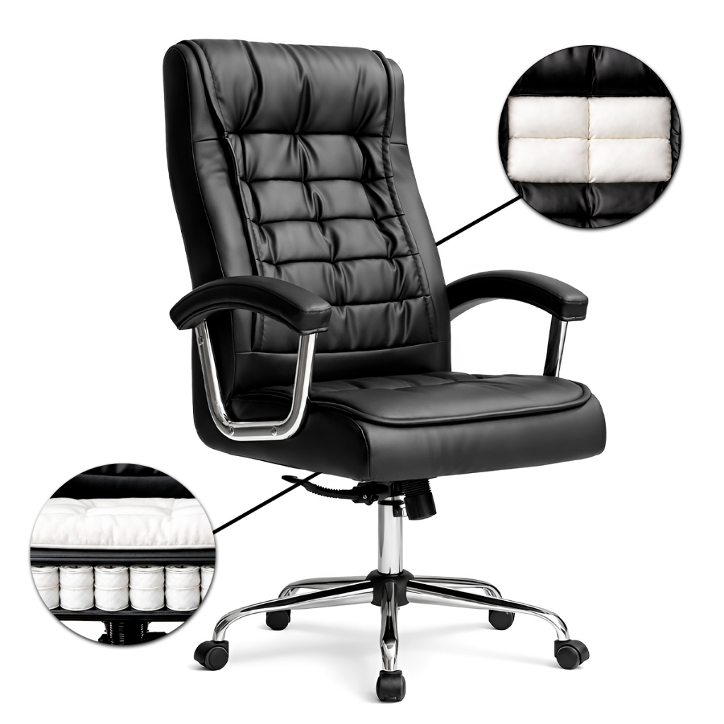 Cadeira Escritorio Presidente Ergonomica 42 Molas Ensacadas Preta Pillow Top Couro Sintetico Nienz