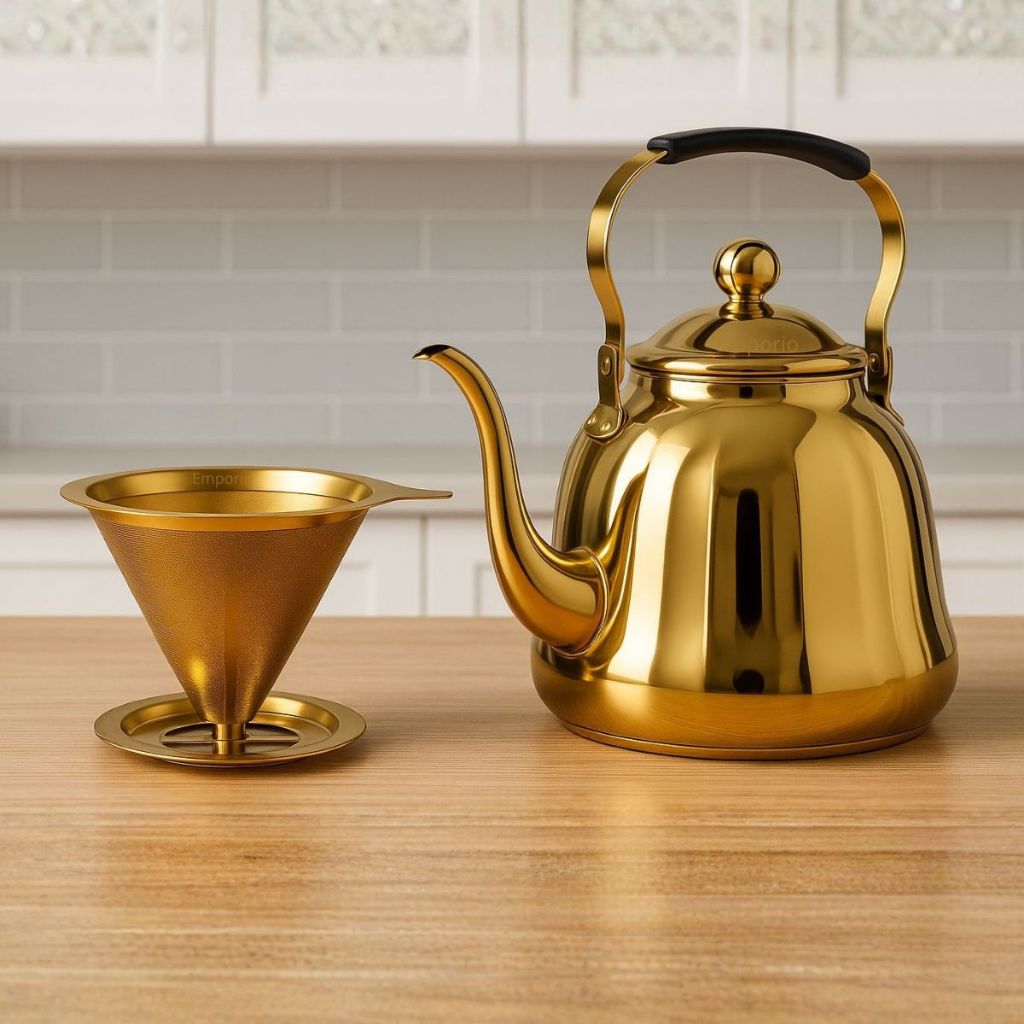 Kit Chaleira e Coador Dourado Bule Mesa Posta Café Infusor Bar Coador de Café em Oferta na Shopee